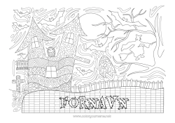 Gratis farvelægning Flagermus Heks Sort kat Halloween Ugle, Hornugle Måne Komplekse farvelægninger Zentangle Fugle og flyvende pattedyr Spøgelseshus Spøgelsestræ