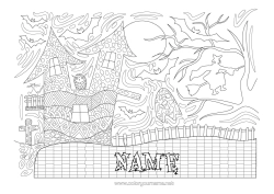 Colouring to customise Bat Witch Black Cat Halloween Owl, Tawny Owl Moon Complex Colouring Pages Zentangle Birds And Flying Mammals Haunted Manor Haunted Tree