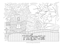 Coloriage gratuit Chauve-souris Sorcière Chat noir Halloween Chouette, Hibou Lune Coloriages complexes Zentangle Oiseaux et mammifères volants Manoir hanté Arbre hanté
