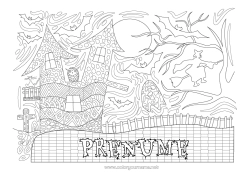 Pagină de colorat gratuită Liliac Vrăjitoare Pisica neagră Halloween Bufniță, Uluce. Lună Desene de colorat complexe Zentangle Păsări și mamifere zburătoare Conacul bântuit Copac bântuit