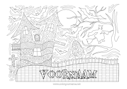 Gratis kleurplaat Vleermuis Heks Zwarte kat Halloween Uil, Kerkuil Maan Complex Kleurplaten Zentangle Vogels en vliegende zoogdieren Spookhuis Spookachtige boom