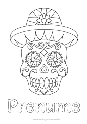 Pagină de colorat personalizată Ziua Morților Pălărie Mexic Calaveras, capete de mort