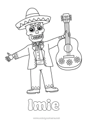 Kolorowanka do personalizacji Szkielet Dzień Zmarłych Muzyka Meksyk Święto Muzyki Gitara Instrumenty muzyczne Sombrero