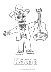 Colouring to customise Skeleton Day Of The Dead Music Mexico Music Day Guitar Musical Instruments Sombrero