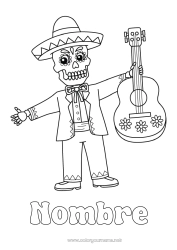 Colorear gratis Esqueleto Día de los Muertos Música México Día Mundial de la Música Guitarra Instrumentos de música Sombrero
