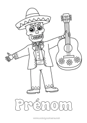 Coloriage à personnaliser Squelette Día de los Muertos Musique Mexique Fête de la musique Guitare Instruments de musique Sombrero