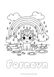 Gratis farvelægning Kawaii Enhjørning Dyr Regnbue Regn Drager, enhornede heste og fantastiske dyr