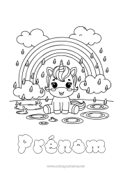 Coloriage gratuit Kawaii Licorne Animal Arc en ciel Pluie Dragons, licornes et animaux fantastiques