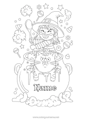 Colouring to customise Sweets Witch Magic Cauldron Cat Dogs And Cats