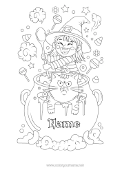 Free coloring Sweets Witch Magic pot Cat Dog and cat