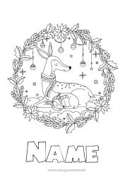 Colouring to customise Winter Holly Mistletoe Snowflakes Animal Doe Fawn Forest Animals