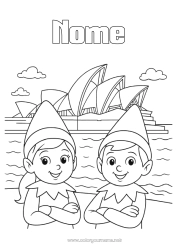 Desenho grátis Elfo de Natal Páginas para colorir de elfos Austrália Viagem do Elfo de Natal Vários duendes travessos Duendes de Natal Viajantes