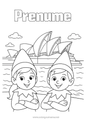 Pagină de colorat personalizată Moșneguții de Crăciun Desene de colorat cu spiriduși Australia - Australia Călătoria elfului de Crăciun Mai mulți spiriduși poznași Desen de colorat pentru Păcălici Călători