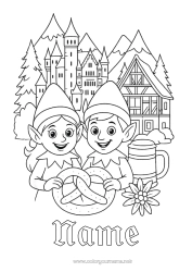 Free coloring Christmas elves Elves coloring pages Monument Christmas Elf Trip Germany Pretzel Neuschwanstein Castle For several Christmas elves Traveling Christmas Elves