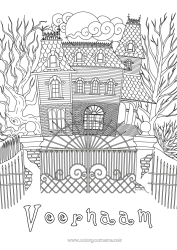 Kleurplaat aanpassen Halloween Huis Zentangle Spookhuis