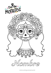 Colorear gratis Flores Día de los Muertos Catrina