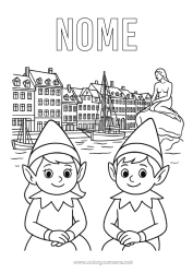 Desenho para personalizar Elfo de Natal Páginas para colorir de elfos Viagem do Elfo de Natal Dinamarca Vários duendes travessos Duendes de Natal Viajantes