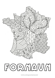 Farvelægningssiden tilpasning Frankrig Zentangle Kort over lande