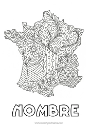 Colorear gratis Francia Zentangle Mapa del pais