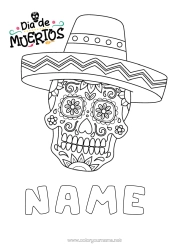 Colouring to customise Day Of The Dead Mexico Calaveras, Skulls Sombrero