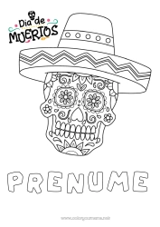 Pagină de colorat personalizată Ziua Morților Mexic Calaveras, capete de mort Sombrero