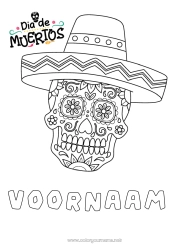 Kleurplaat aanpassen Dia de los Muertos Mexico Calaveras, schedels Sombrero