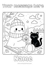Colouring to customise Ghost Pumpkin Black Cat Cute Cat Cute Autumn Mug Drink Dogs And Cats Winter Hat Dead Leaves