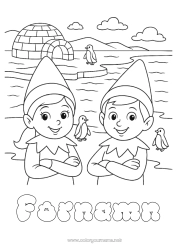 Färgläggningssida att anpassa Julnissar Tomtefärgläggningar Igloo Julälvens resa Lappland Flera busiga tomtenissar Färgläggning av busiga resande tomtar