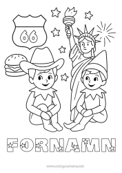 Färgläggningssida att anpassa Julnissar Tomtefärgläggningar USA Julälvens resa Flera busiga tomtenissar Färgläggning av busiga resande tomtar