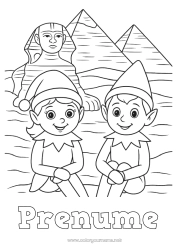 Pagină de colorat gratuită Moșneguții de Crăciun Desene de colorat cu spiriduși Egipt Călătoria elfului de Crăciun Mai mulți spiriduși poznași Desen de colorat pentru Păcălici Călători