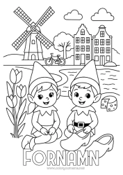 Färgläggningssida att anpassa Julnissar Tomtefärgläggningar Julälvens resa Nederländerna Flera busiga tomtenissar Färgläggning av busiga resande tomtar