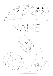 Free drawing Bat Ghost Pumpkin Halloween Jack O'Lantern Children's activities Easy coloring pages Trace and color Flying birds and mammals Wizard hat