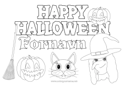 Fargeleggingssiden å tilpasse Kost Gresskar Heks Svart katt Halloween Jack O'Lantern Påmelding