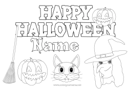 Free drawing Broomstick Pumpkin Witch Black cat Halloween Jack O'Lantern Inscription 