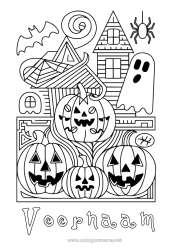 Gratis kleurplaat Vleermuis Spook Pompoen Spin Halloween Jack O'Lantern Zentangle Insecten Vogels en vliegende zoogdieren Spookhuis