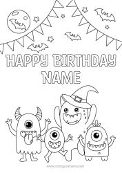 Free coloring Bat Monster Halloween Birthday Party Alien Moon Happy Birthday (English) Message Flying birds and mammals