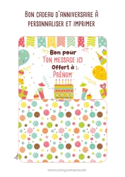 Coloriage à personnaliser Cadeaux Anniversaire Gâteau d’anniversaire Bon cadeau personnalisable à imprimer
