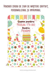 Pagină de colorat personalizată Cadouri Aniversare Tort de ziua de naștere Cupon cadou personalizabil de imprimat