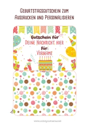 Kostenlose Zeichnung Geschenke Geburtstag Geburtstagskuchen Personalisierbarer Geschenkgutschein zum Ausdrucken