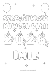 Kolorowanka do personalizacji Jednorożec Szczęśliwego Nowego Roku! Smoki, jednorożce i fantastyczne zwierzęta 2026