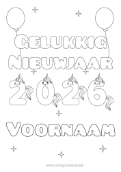 Kleurplaat aanpassen Eenhoorn Gelukkig Nieuwjaar Draken, eenhoorns en fantastische dieren 2026