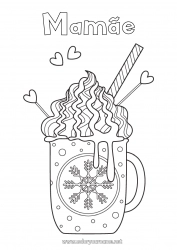 Página de desenho infantil Inverno Comida Caneca Flocos de neve Café Bebida Guloseimas, doces