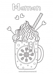 Coloriage enfant Hiver Nourriture Tasse Flocons de neige Café Boisson Gourmandises, sucreries