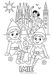 Kolorowanka do personalizacji Świąteczne skrzaty Kolorowanki dla skrzatów Hiszpania Podróż Świątecznego Elfa Barcelona Kilku psotnych elfów Kolorowanka Psotne Skrzaty Podróżnicy