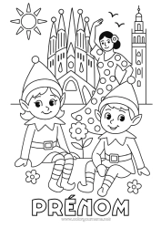 Coloriage à personnaliser Lutins de Noël Coloriages lutins Espagne Voyage de lutin farceur Barcelone Plusieurs lutins farceurs Coloriage Lutins farceurs Voyageurs