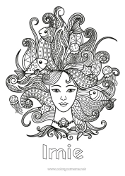 Kolorowanka do personalizacji Ryba Zentangle Znak zodiaku Zwierzęta morskie lub wodne Włosy i fryzury Znaki zodiaku