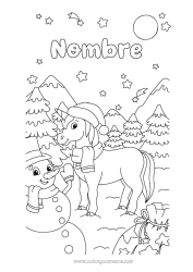 Dibujo libre Nieve Invierno Muñeco de nieve Unicornio Estrellas Luna Dragones, unicornios y animales fantásticos Abeto Bufanda Gorro de Invierno