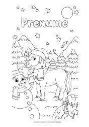 Pagină de colorat personalizată Zăpadă Iarna Om de zăpadă Unicornă Animal Stele Lună Dragoni, unicorni și animale fantastice Brad Fular Căciulă de iarnă