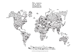 Kolorowanka do personalizacji Geografia Symbole Mapa świata Pomnik Podróż Świątecznego Elfa