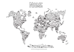 Free colouring Geography Symbols World map Monument Mischievous Elf's Journey